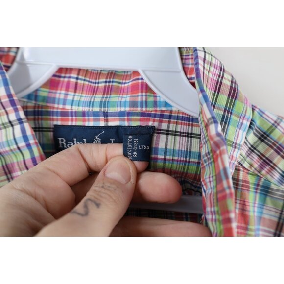 Vintage 90s Ralph Lauren Mens Large Classic Fit Rainbow Plaid Button Down Shirt - Picture 8 of 11